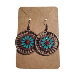 Antique Bronze Round Dangling Earrings Turquoise Red Flower Design Boho Chic Lig